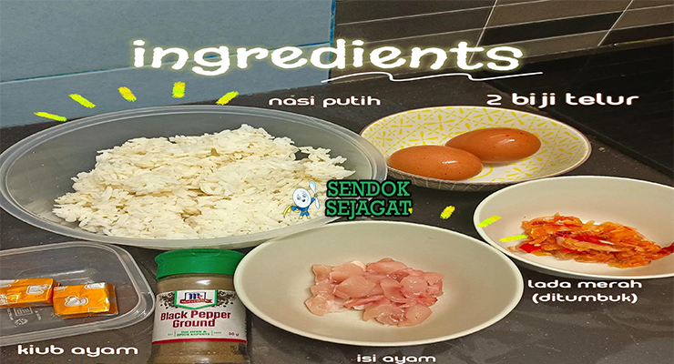Bahan-bahan untuk Nasi Goreng Pattaya, termasuk nasi dan telur