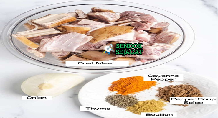 Bahan-bahan untuk Nigerian Pepper Soup, termasuk daging kambing dan rempah