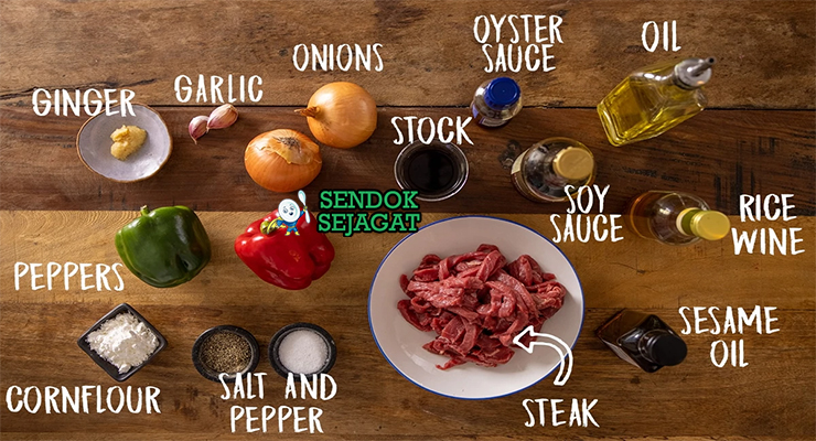 Bahan-bahan untuk Pepperberry Beef Stir-Fry, termasuk daging sapi dan pepperberry