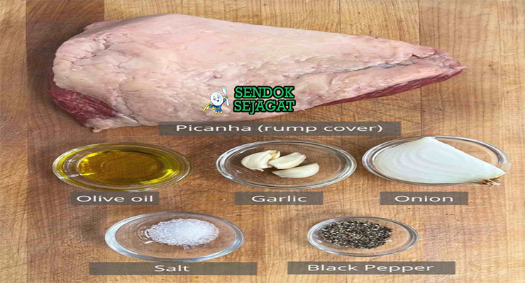 Bahan-bahan untuk Picanha, termasuk daging sirloin cap dan garam kasar