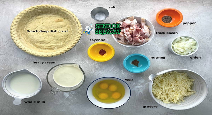 Bahan-bahan untuk Quiche Lorraine, termasuk bacon dan keju Gruyère