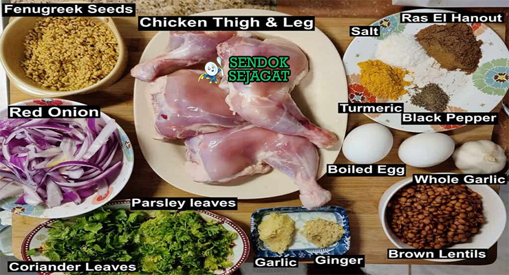 Bahan-bahan untuk Rfissa, termasuk ayam dan kacang lentil