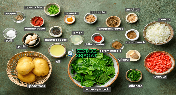 Bahan-bahan untuk Saag Aloo, termasuk bayam segar dan kentang