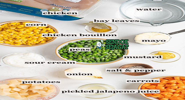 Bahan-bahan untuk Salteña de Pollo, termasuk ayam dan tepung