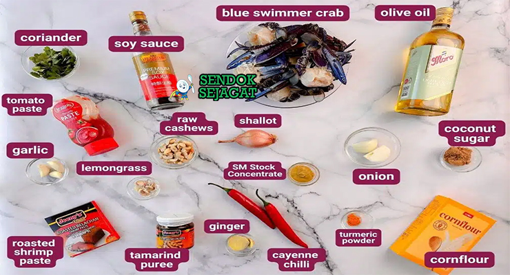 Bahan-bahan untuk Singaporean Chilli Crab, termasuk kepiting dan cabai