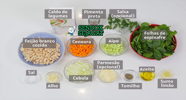Bahan-bahan untuk Portuguese Sopa de Grão, termasuk kacang chickpea dan chorizo