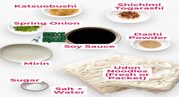 Bahan-bahan untuk Udon Noodle Soup, termasuk mi udon dan dashi