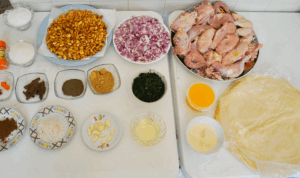 Bahan-bahan untuk Bastilla, termasuk pastri phyllo dan ayam