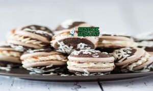 Lamington Macarons dengan shell cokelat dan salutan kelapa