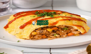 Omurice dengan telur dadar lembut dan saus tomat