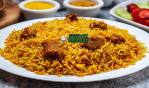 Zanzibari Pilau dengan nasi kari, daging, dan sayuran