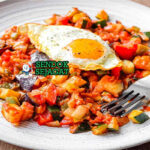 Pisto Manchego dengan tomat dan zucchini di piring saji