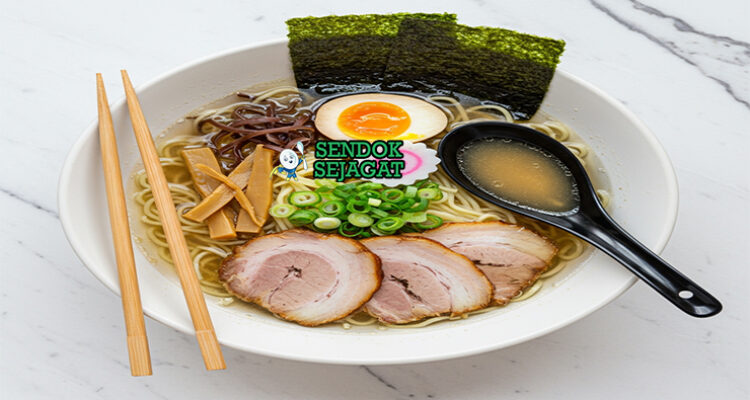 Ramen Shoyu dengan mi, chashu, dan telur marinasi