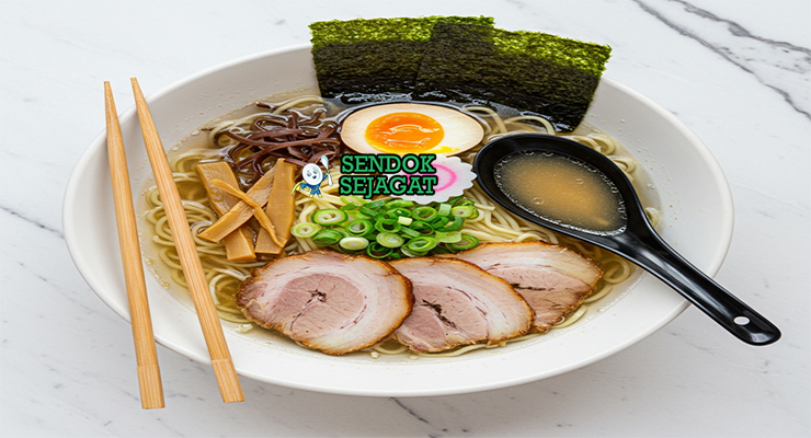 Ramen Shoyu dengan mi, chashu, dan telur marinasi