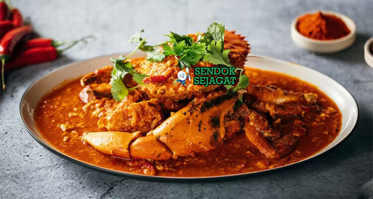 Singaporean Chilli Crab dengan saus tomat pedas dan garnish daun bawang