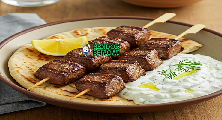 Souvlaki dengan daging panggang dalam pita dan saus tzatziki