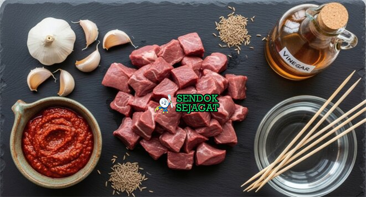 Bahan-bahan untuk Anticuchos, termasuk daging sapi dan aji panca
