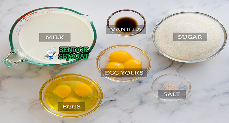 Bahan-bahan untuk Bánh Flan, termasuk telur dan susu kental manis