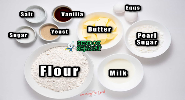 Bahan-bahan untuk Belgian Waffles, termasuk gula mutiara dan yeast