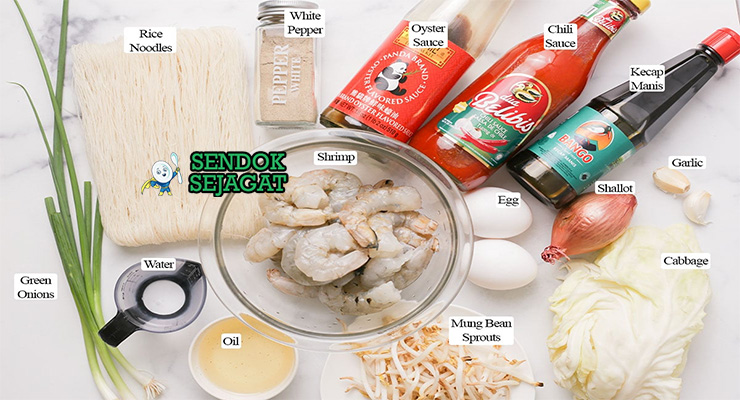Bahan-bahan untuk Bihun Goreng, termasuk bihun kering dan udang