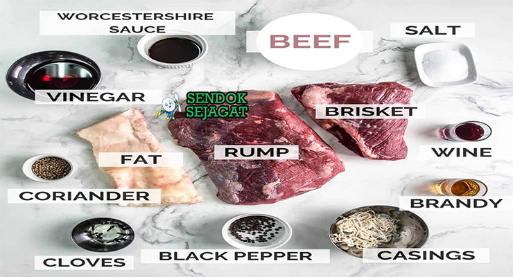 Bahan-bahan untuk Boerewors, termasuk daging sapi dan rempah