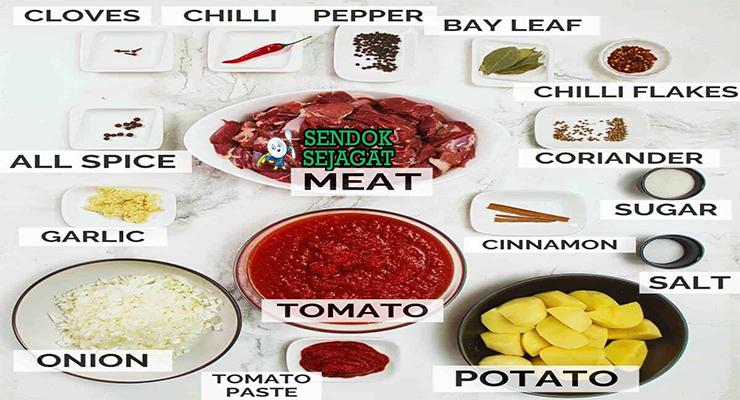 Bahan-bahan untuk Cape Malay Bredie, termasuk daging sapi dan wortel