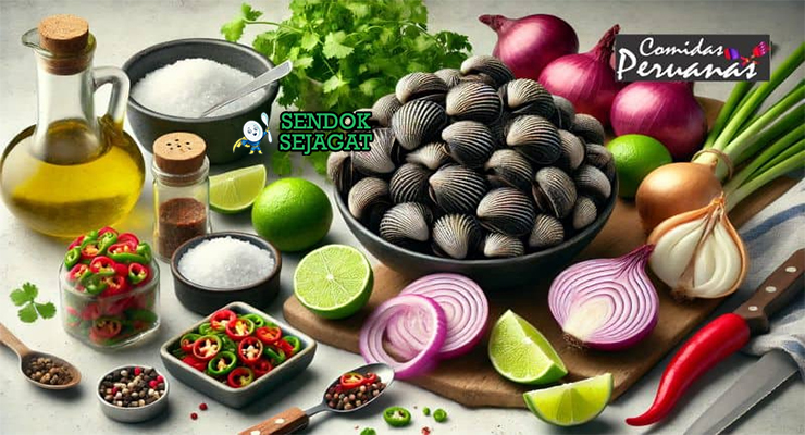 Bahan-bahan untuk Ceviche de Conchas Negras, termasuk kerang hitam dan jeruk nipis