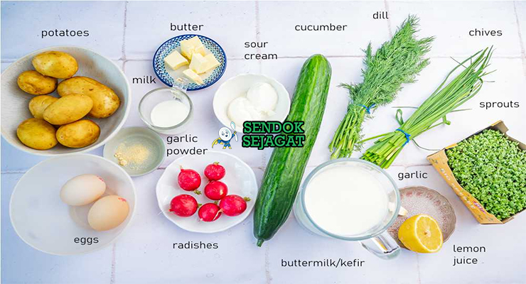 Bahan-bahan untuk Chlodnik, termasuk bit dan kefir