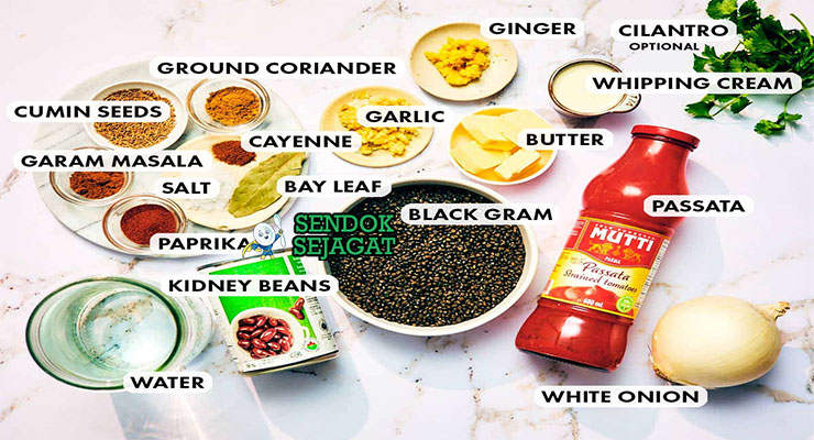 Bahan-bahan untuk Dal Makhani, termasuk kacang hitam dan mentega