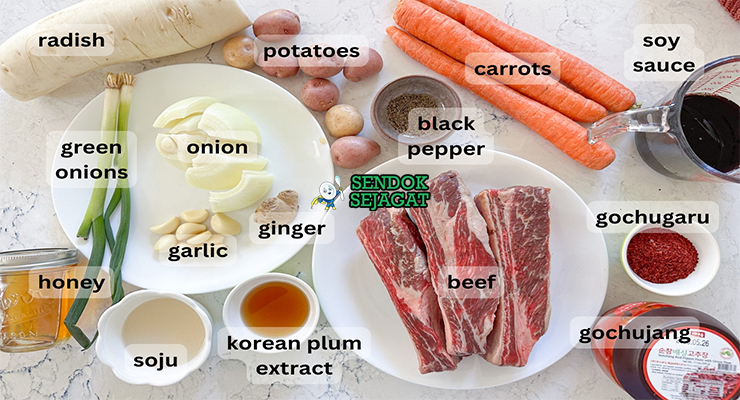 Bahan-bahan untuk Korean Galbi Jjim, termasuk iga sapi dan kecap