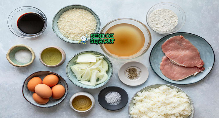 Bahan-bahan untuk Katsudon, termasuk pork dan panko
