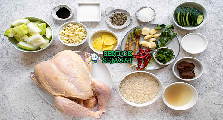 Bahan-bahan untuk Khao Man Gai, termasuk ayam dan beras jasmine