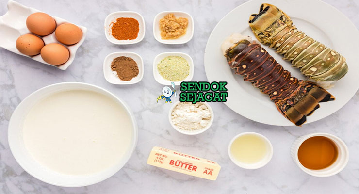 Bahan-bahan untuk Lobster Newburg, termasuk lobster segar dan sherry