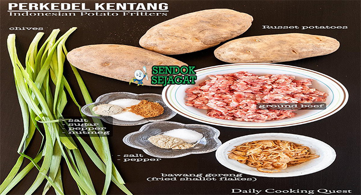 Bahan-bahan untuk Perkedel Kentang, termasuk kentang dan daging sapi giling