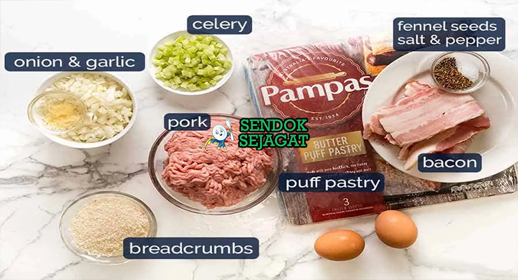 Bahan-bahan untuk Pork and Fennel Sausage Roll, termasuk daging babi dan puff pastry