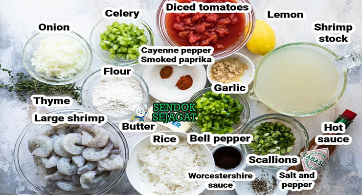 Bahan-bahan untuk Shrimp Étouffée, termasuk udang dan holy trinity