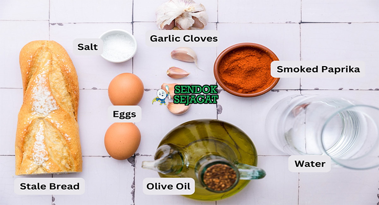 Bahan-bahan untuk Sopa de Ajo, termasuk bawang putih dan roti kering