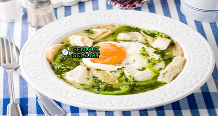 Açorda dengan sup roti, telur, dan cilantro di mangkuk saji