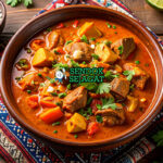 Domoda dengan sup kacang tanah dan daging di mangkuk saji