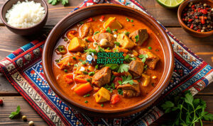 Domoda Kental Khas Gambia Domoda dengan sup kacang tanah dan daging di mangkuk saji