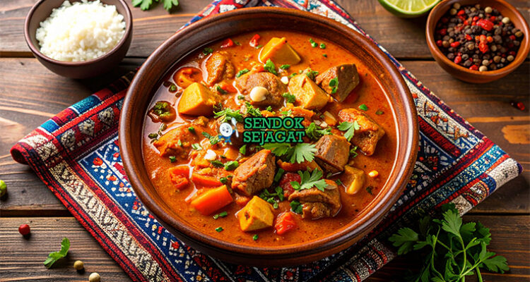 Domoda dengan sup kacang tanah dan daging di mangkuk saji