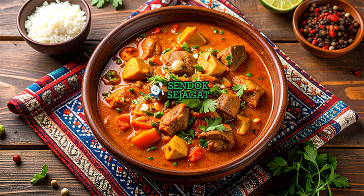Domoda Kental Khas Gambia Domoda dengan sup kacang tanah dan daging di mangkuk saji