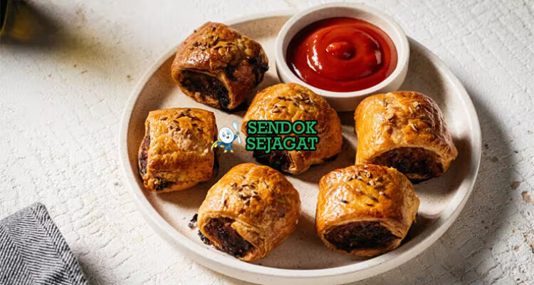 Pork and Fennel Sausage Roll dengan pastry renyah di piring saji