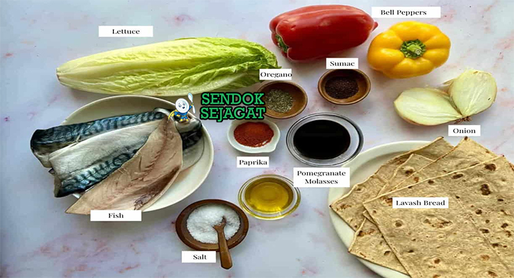 Bahan balık ekmek ikan makarel roti turki lettuce tomat bawang merah lemon sumac