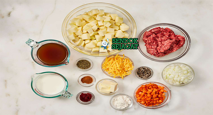 Bahan Cottage Pie lengkap daging sapi kentang Worcestershire wortel