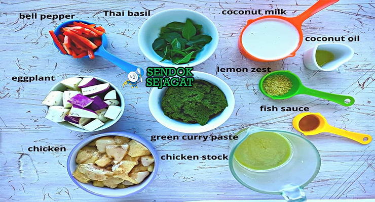 Bahan gaeng keow wan gai ayam santan pasta hijau thai eggplant daun jeruk thai basil