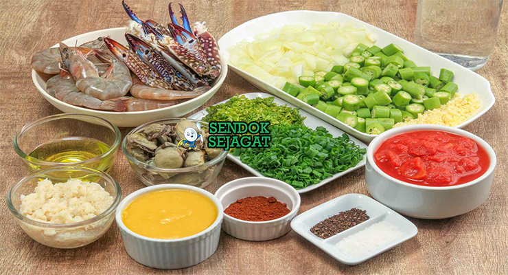 Bahan gombo sauce okra segar palm oil ikan asap stockfish kepiting udang iru