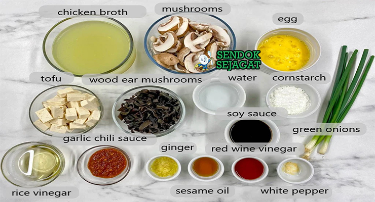 Bahan Hot and Sour Soup lengkap jamur shiitake tahu cuka lada