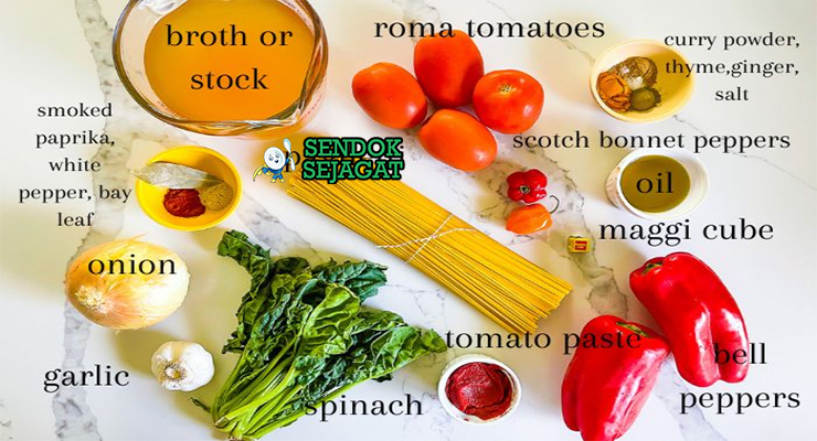 Bahan jollof spaghetti tomato paste scotch bonnet curry thyme ayam sosis udang Maggi