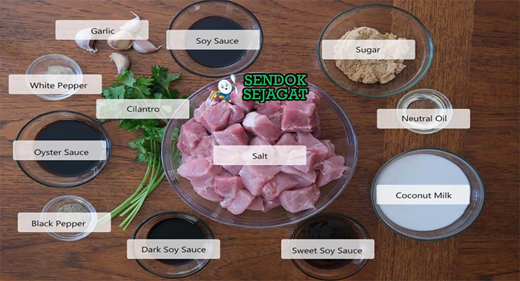 Bahan moo ping daging babi santan gula kelapa bawang putih jahe nam jim jaew sticky rice